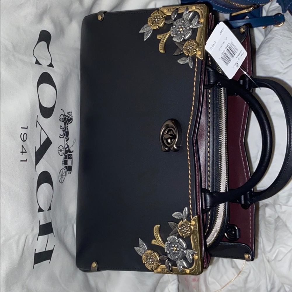 NEW Black Leather Coach Tea Rose Mason Metal Trim